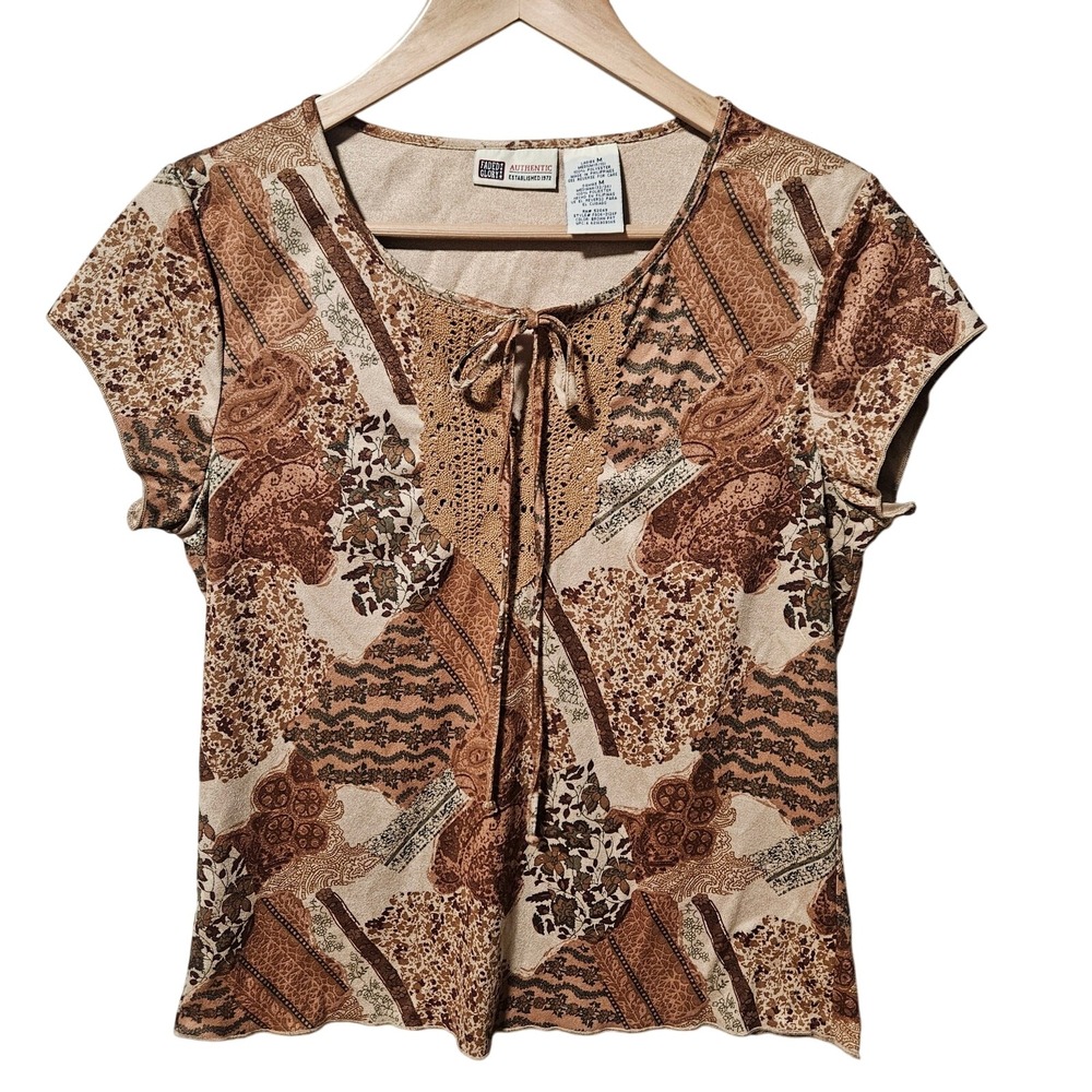 Vintage Y2K Faded Glory Brown Faux Suede Patchwork Top Crochet Trim Boho Medium